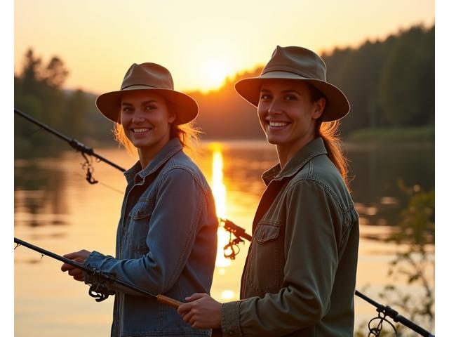 Two passionate anglers, a man and a woman, smiling and holding fishing rods on a lake at sunrise, embodying the spirit of Angler's Edge founders.