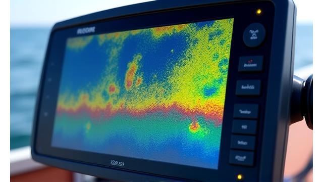 High-definition fish finder screen displaying vibrant underwater topography and fish arches, indicating active marine life