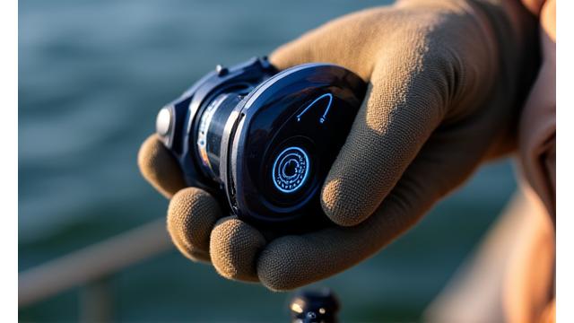 Close-up of a state-of-the-art fishing reel with small integrated digital display showing line tension and retrieve speed, held by an angler's gloved hand