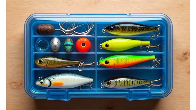 Neatly organized tackle box with various lures and tools