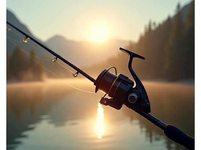 Close-up of a fishing reel being cast with a beautiful blurred lake and mountain backdrop at sunset