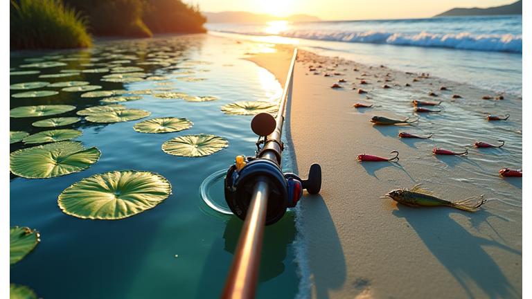 Assortment of fishing tackle including various lures, lines, and weights, half submerged in clear freshwater and half on a sandy saltwater beach, showing versatility.