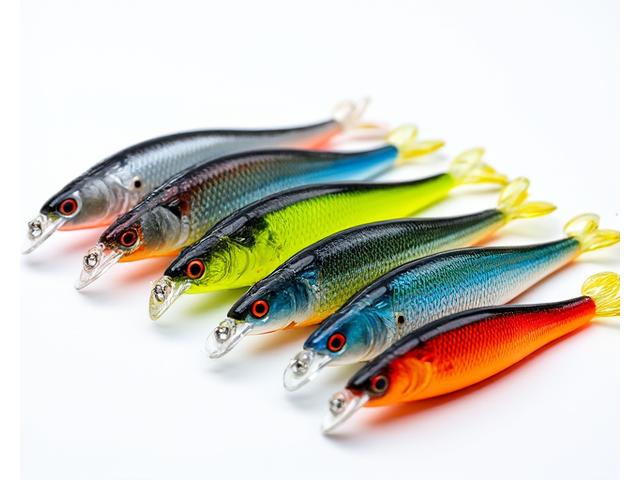 Assortment of vibrant, realistic fishing lures in various shapes and colors.