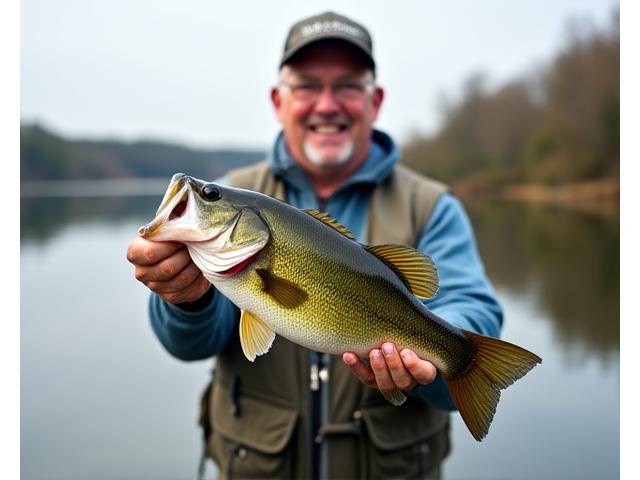 John D. Johnson proudly holding a large largemouth bass he caught.