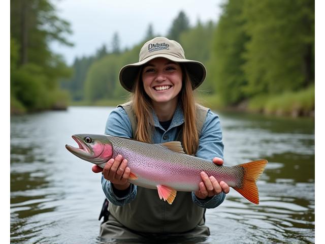 Sarah L. Thompson smiling, holding a vibrant salmon in a picturesque river.