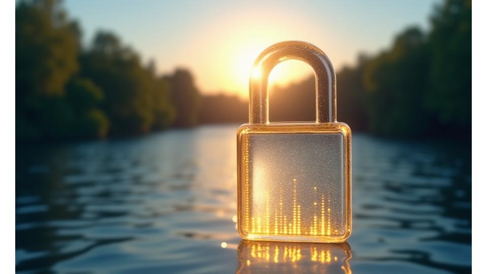 Digital lock icon over a fishing scene, symbolizing data security and customer protection