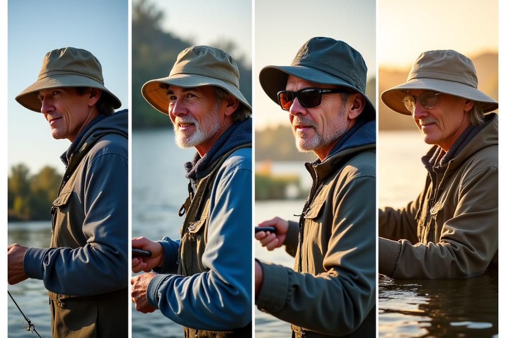 Collage of different anglers wearing various styles of fishing hats in outdoor settings.