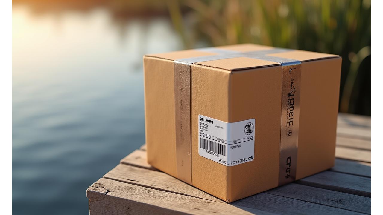 A neatly packed box of fishing gear with a shipping label on a dock, ready for delivery.